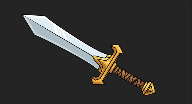 Epic cartoon sword featuring a sharp silver blade and an ornate gold hilt with a leather wrapped handle on a dark background.