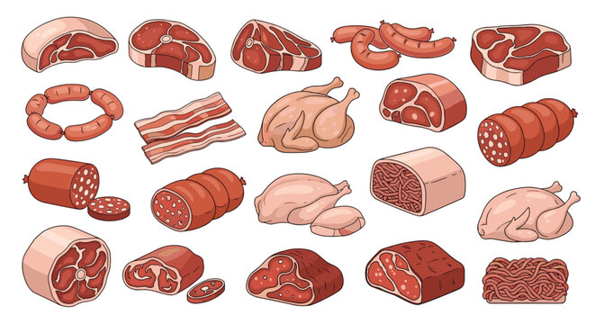 Extensive collection of various raw meat products including beef steaks pork chops sausages bacon and whole chickens in flat style.