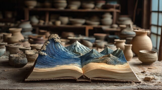 Open book featuring a beautiful three dimensional paper sculpture of a blue ocean wave and mountains inside a pottery studio