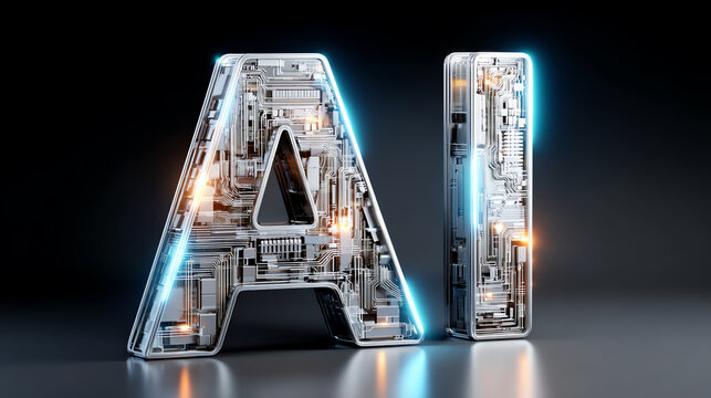 word "AI" constructed from glowing electronic circuit traces and microchips, AI generated