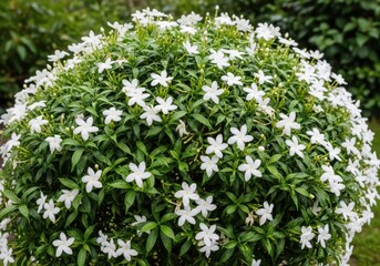 Fototapeta premium Lush green bush with white star-shaped flowers blooming