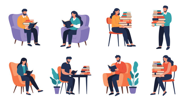 Large set of diverse men and women in various poses reading books or carrying stacks of them in a library and education concept.