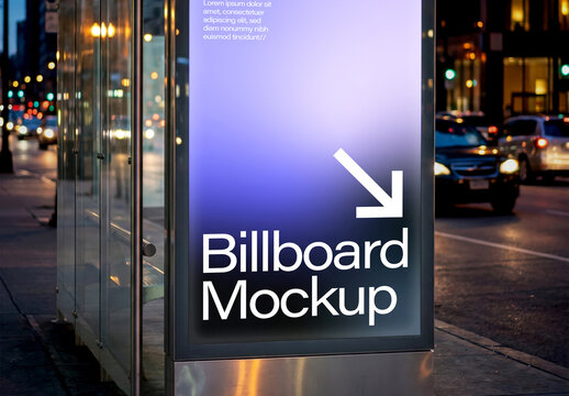 Outdoor Bus Stop Billboard Night Street Mockup