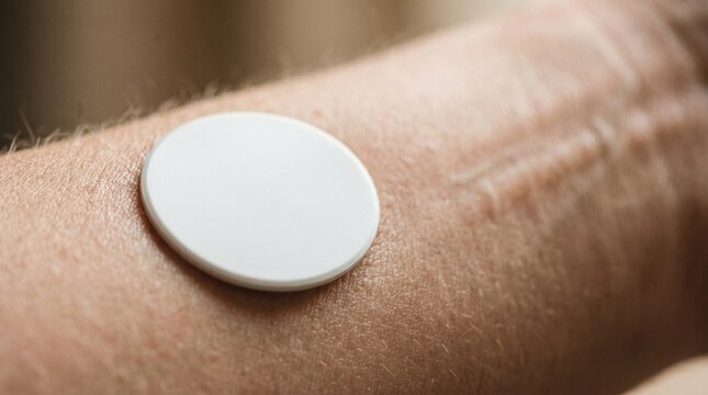 Close-up of a round white medical sensor patch attached to human skin. wearable technology, health monitoring, medical care.