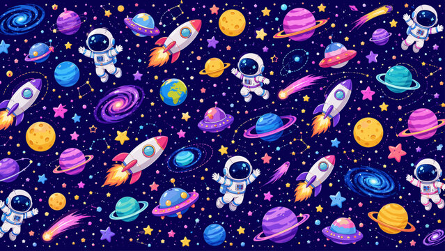 Outer space adventure pattern with rockets, planets, stars, moons, astronauts and orbit shapes, outer space, rockets, planets,