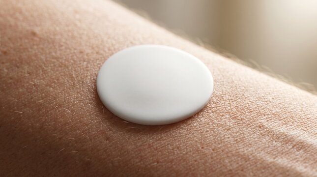 Macro view of a smooth white medical tracking patch adhered to a person's arm. continuous health monitoring, modern medicine, wearable tech.