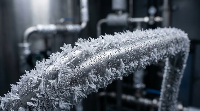 Heavily frosted metal pipe with ice crystals and water drops in a factory. cooling system, industrial refrigeration, extreme temperature.