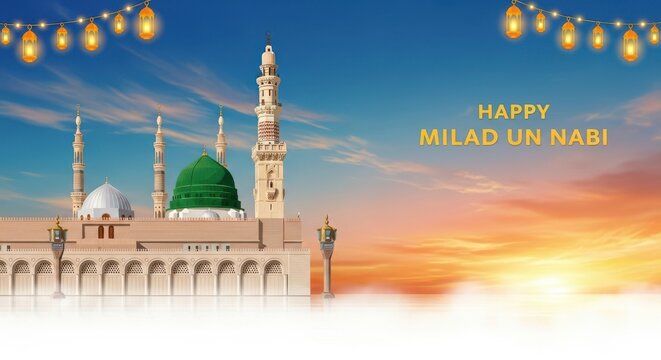 Happy milad un nabi celebration with mosque and lanterns