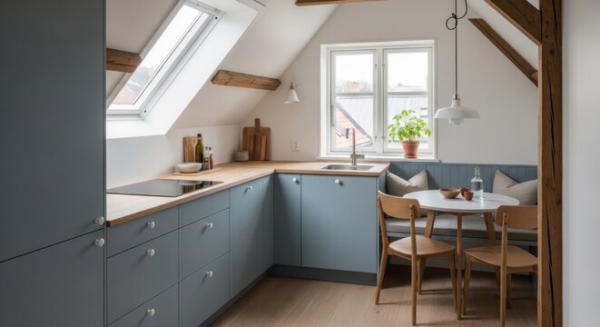 Small attic kitchen with blue cabinets and skylight.