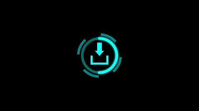 Downloading progress animation with cyan neon glowing arrow and circular ring.4k video
