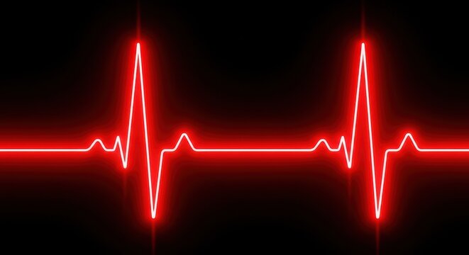 Red glowing heart rate monitor ecg waveform on dark background