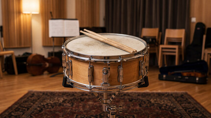 Obraz premium Detailed Shot Of Unbranded Orchestral Snare Drum On Metal Stand With Pair Of Drumsticks Instrument