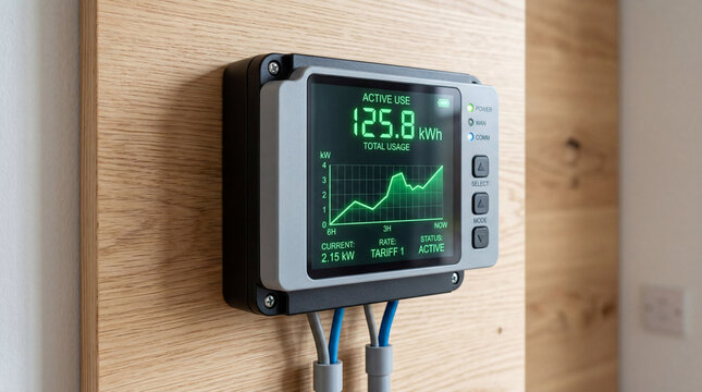 Close Up Of A Generic Smart Energy Meter Installed On A Clean Wooden Panel Displaying