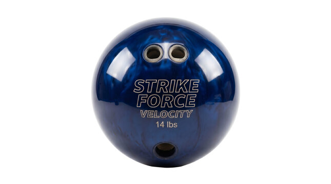 Deep blue bowling ball with swirling patterns and text indicating Strike Force Velocity 14 lbs PNG Isolated on transparent background
