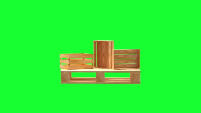 Wooden pallet and crates assemble and rearrange on a green screen background in a simple packaging and storage themed 3D animation