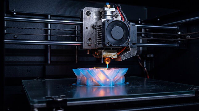 Generic Electronic 3D Printer Nozzle Extruding A Glowing Semi Translucent Polymer Material For Additive Manufacturing