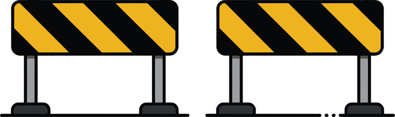 Caution sign icons, yellow and black striped warning signs on metal stands for safety hazards and restricted areas. © Mr. Tasin