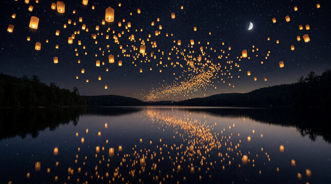 Thousands of glowing golden paper lanterns floating into clear night sky over calm water festival