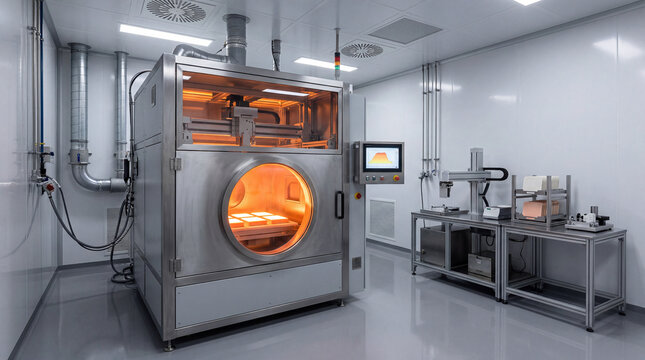 Modern Cleanroom Corner With Automated Laser Sintering Oven And Quartz Viewing Window Technology System Industrial