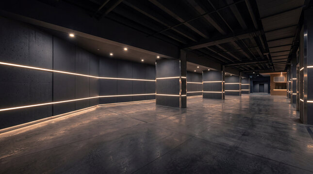 Sophisticated Luxury Garage Basement Dark Matte Charcoal Walls Accented By Thin Integrated Warm Light Strips