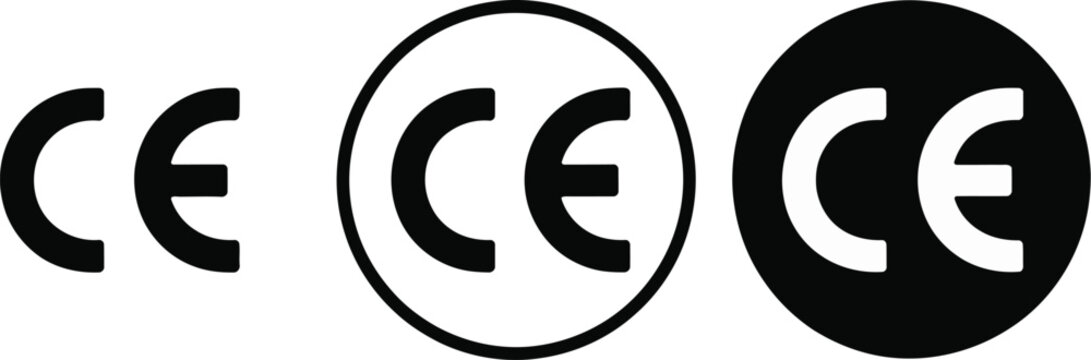CE marking icons, compliance certification symbols in various styles and colors for product standards and regulatory approval.