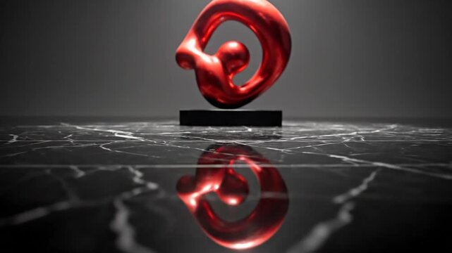 Abstract red metallic sculpture on dark polished marble surface with distorted reflection appearing closer to camera. Minimalist studio lighting on fluid organic loop form.