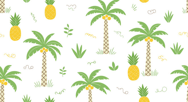 Tropical island seamless pattern featuring green palm trees with yellow coconuts and pineapples on a white background.