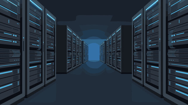 Dark server room corridor with tall equipment racks, serverroom, corridor, racks, datacenter, technology, network, infrastructure,