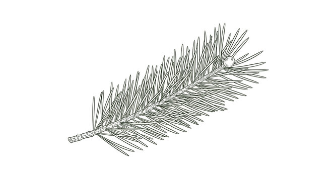 Detailed black and white engraving style illustration of a single evergreen pine or spruce branch with thin needles.