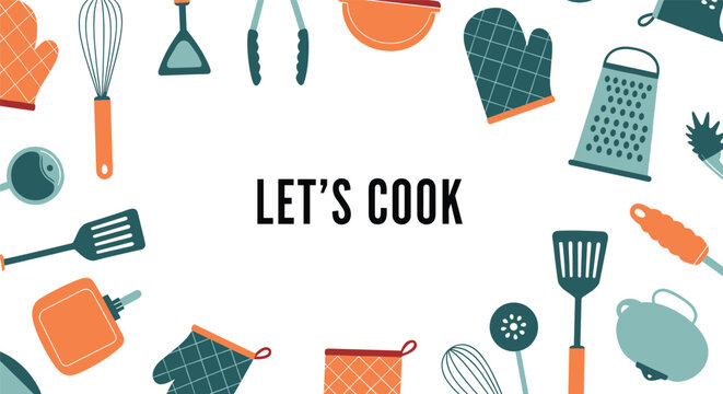 Kitchen utensils border background with the text let is cook featuring a whisk spatula grater and colorful oven mitts.
