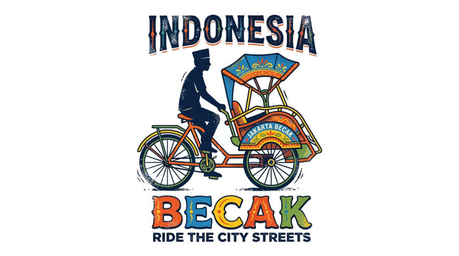Man Riding Colorful Indonesian Becak Bicycle.