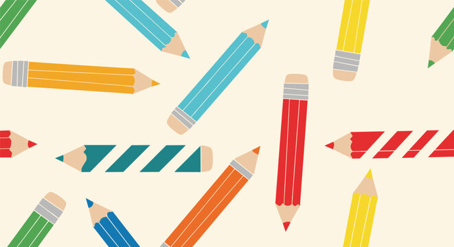 Colorful seamless pattern featuring various colored pencils oriented in different directions on a cream background.
