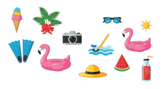 Collection of summer and vacation icons including a camera, sunglasses, flamingo floatie, ice cream, sun, and beach gear for holiday design.