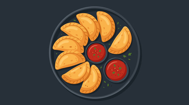 Empanadas arranged with tomato sauces on dark serving plate, empanadas, pastry, sauce, food, plate, fried, snack, appetizer, meal,