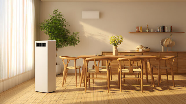 Floor standing tower air conditioning unit in a modern dining room. Bright home interior with wooden furniture and sunlight