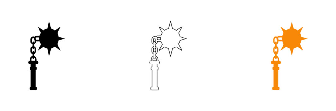 Flail weapon icons in black line art and orange on white background