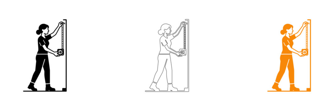 Woman measuring wall height with tape measure icon set black outline and color versions