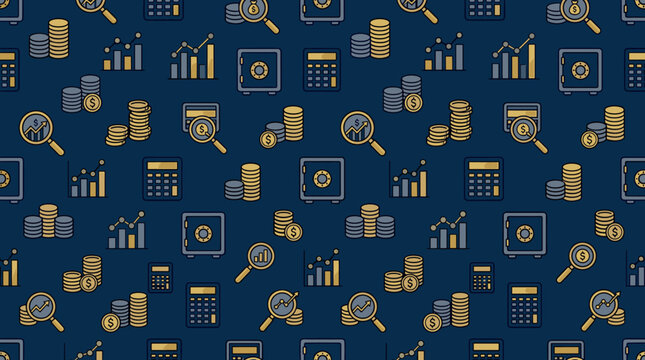 Financial planning tools and professional wealth management icons arranged in a seamless repeating pattern for banking backgrounds