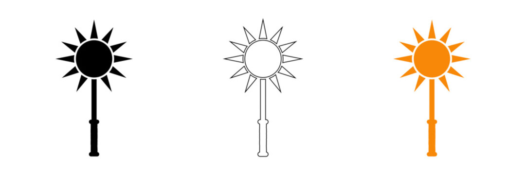 Three variants of sunburst mace icon in black white and orange colors
