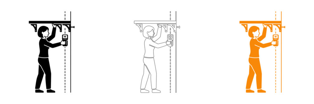 Electrical installation services illustration line art depicting a technician using a digital multimeter for wiring checks