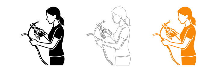 Ancient mesoamerican woman playing a trumpet illustration set black outline and orange versions © Mdroy5826