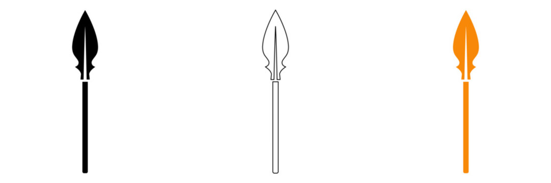 Three distinctive spear illustrations in black white and orange