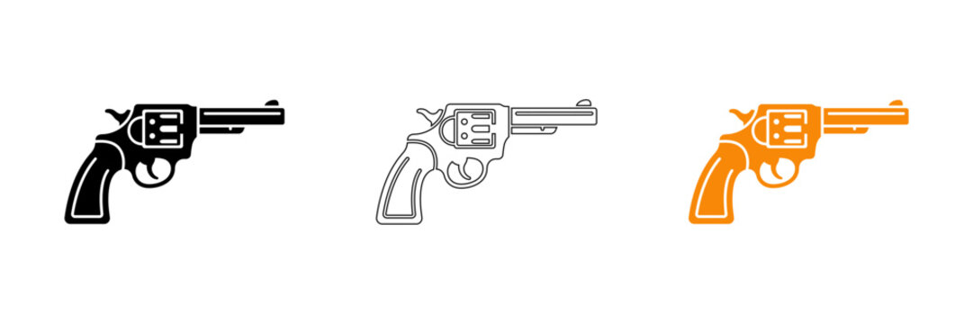 Revolver pistol set black outline and orange icons for law enforcement security and firearms training