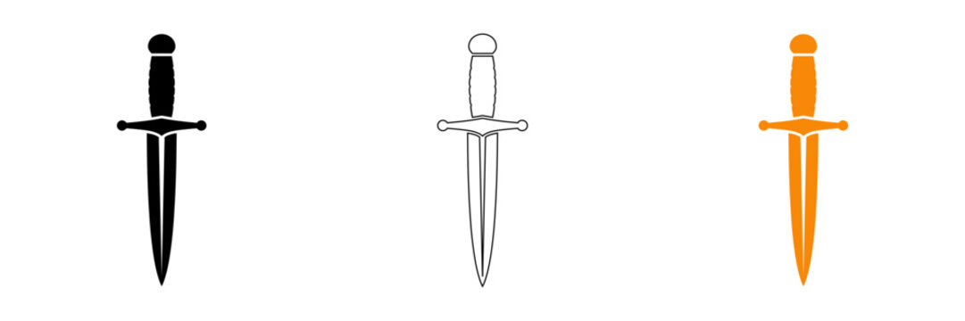 Three stylized dagger icons in black white and orange on a white background