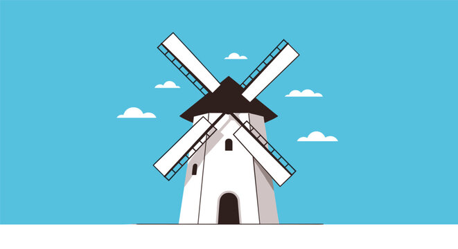 Classic white windmill with dark roof stands tall against a bright blue sky with soft white clouds and a white ground.