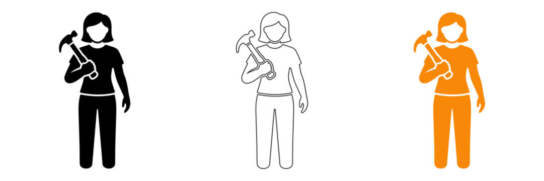 Female carpenter icon set black silhouette outline and orange fill construction worker illustration