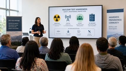 Fototapeta na wymiar Woman presenting a nuclear test awareness safety briefing to a seated community audience in a modern meeting room