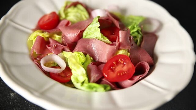 Salad beef and vegetables tasty snack fresh delicious gourmet food background on the table  rustic food top view copy space 