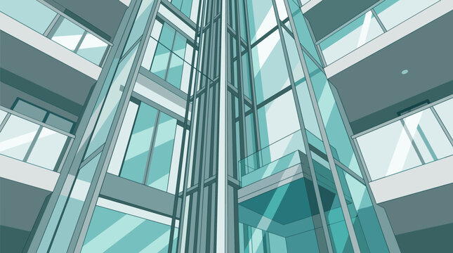 Glass elevator shaft with teal reflections and strong vertical perspective, glass, elevator, shaft, architecture, teal,