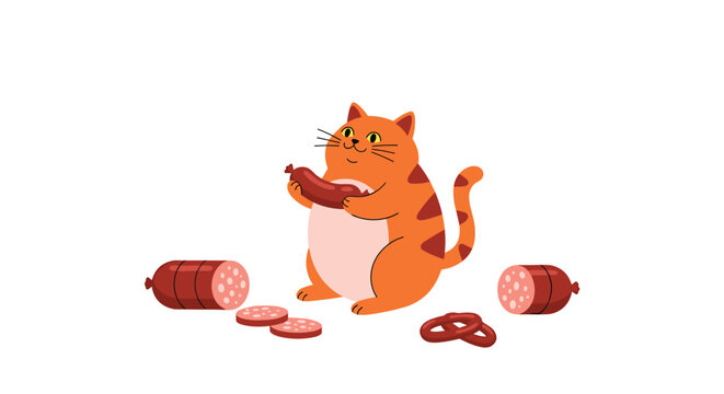 Happy orange tabby cat sitting surrounded by several whole and sliced sausages and pretzels in a funny and colorful food illustration.